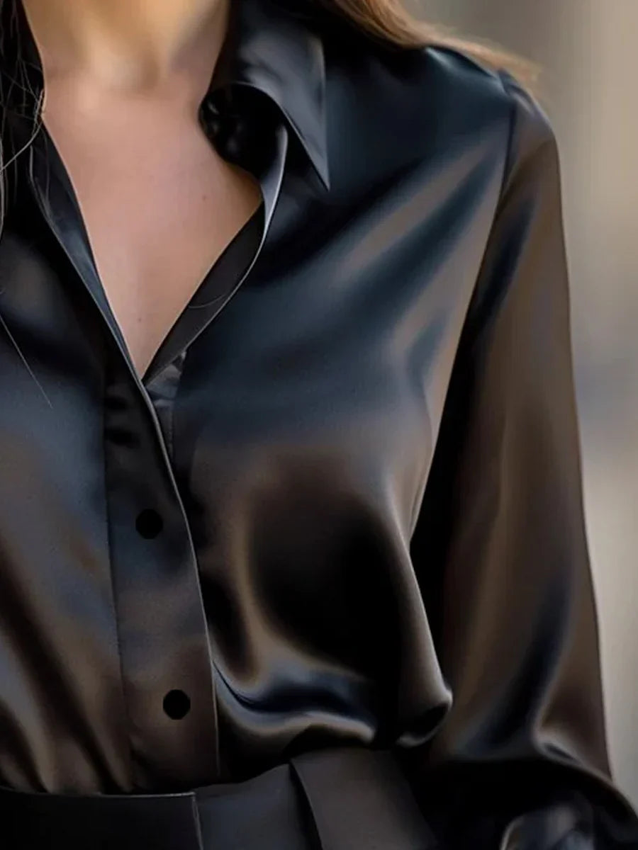 Jess™ | Elegant Black Satin Long Sleeves Blouse