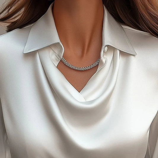 Vanex™ | Elegant White Satin Blouse With Draped Neckline