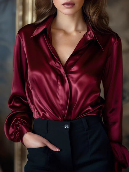 Jess™ | Elegant Black Satin Long Sleeves Blouse