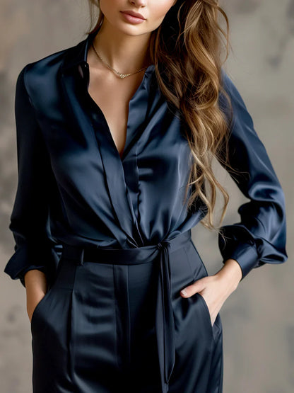 Jess™ | Elegant Black Satin Long Sleeves Blouse