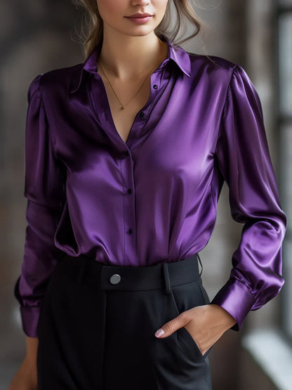 Jess™ | Elegant Black Satin Long Sleeves Blouse
