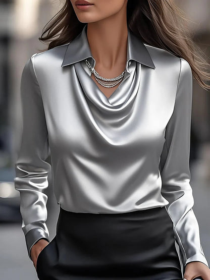 Vanex™ | Elegant White Satin Blouse With Draped Neckline