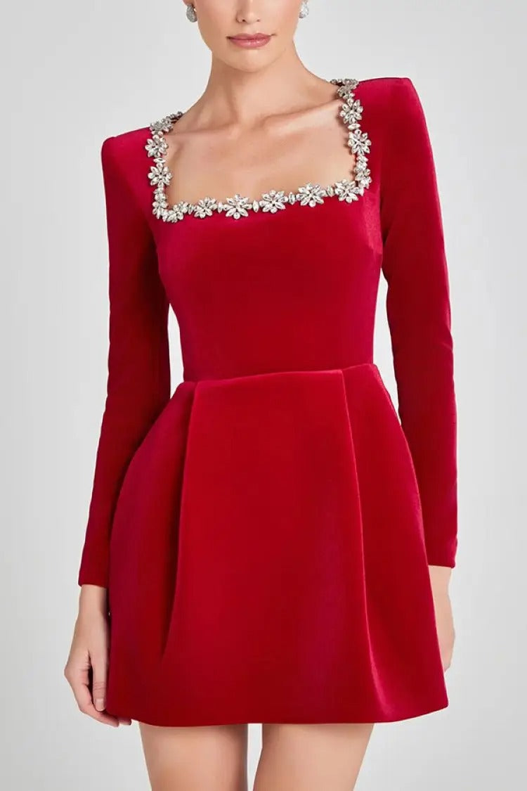 Laiona™ | Velvet  Embellished Trim Long Sleeve Pocketed Dress