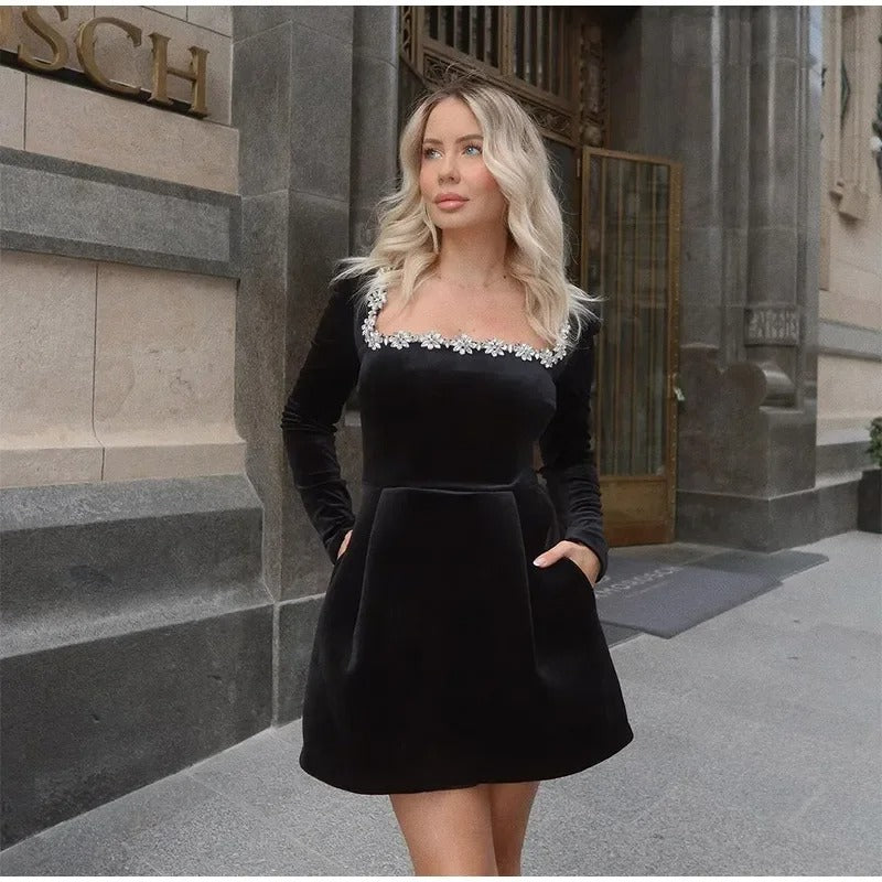 Laiona™ | Velvet  Embellished Trim Long Sleeve Pocketed Dress